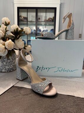 Betsey Johnson Silver and Pink Crystal Block Heel Sandals